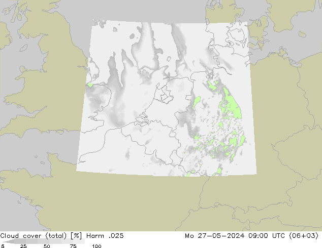 Cloud cover (total) Harm .025 Mo 27.05.2024 09 UTC