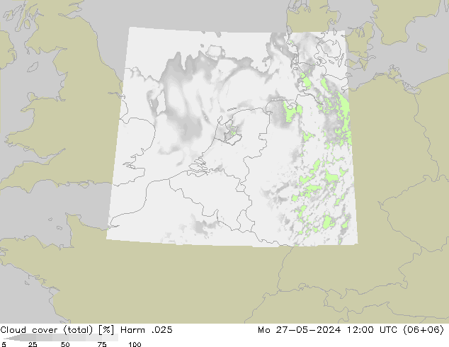 Cloud cover (total) Harm .025 Po 27.05.2024 12 UTC