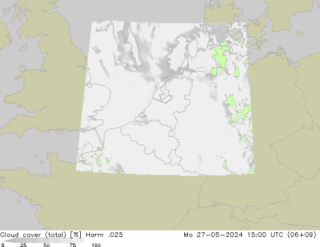 Cloud cover (total) Harm .025 Po 27.05.2024 15 UTC