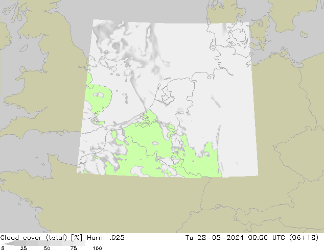 Bewolking (Totaal) Harm .025 di 28.05.2024 00 UTC