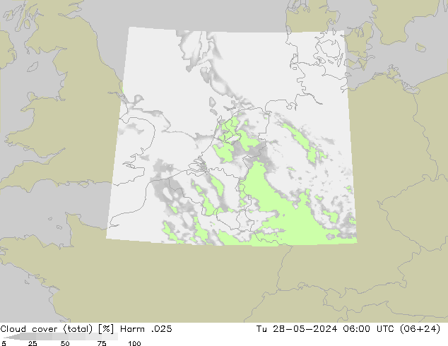 Cloud cover (total) Harm .025 Tu 28.05.2024 06 UTC
