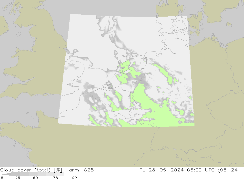 Cloud cover (total) Harm .025 Tu 28.05.2024 06 UTC