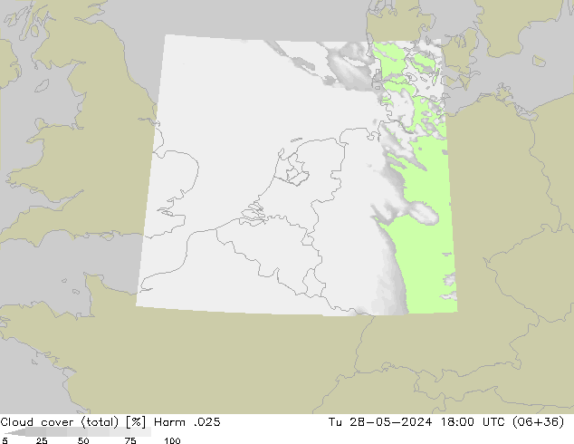 Cloud cover (total) Harm .025 Tu 28.05.2024 18 UTC