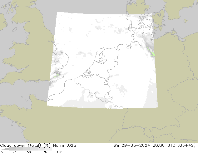 Cloud cover (total) Harm .025 We 29.05.2024 00 UTC