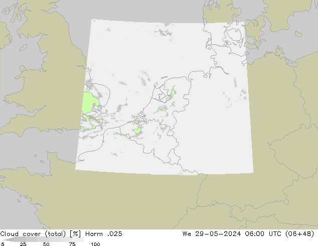 Cloud cover (total) Harm .025 We 29.05.2024 06 UTC