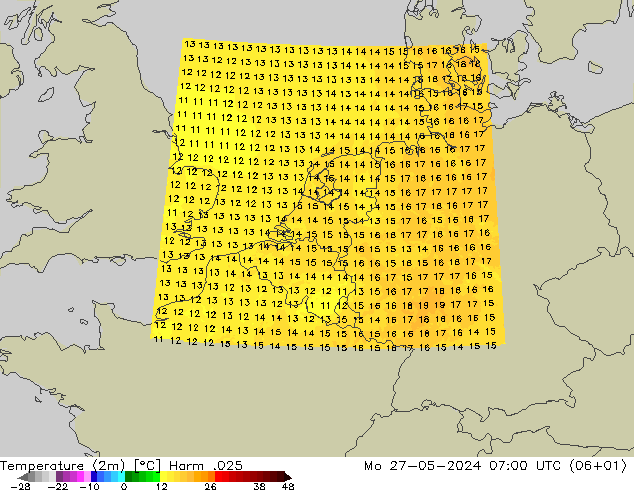 mapa temperatury (2m) Harm .025 pon. 27.05.2024 07 UTC