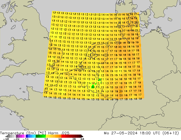 Sıcaklık Haritası (2m) Harm .025 Pzt 27.05.2024 18 UTC