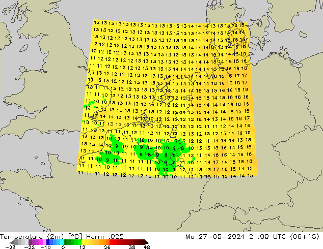 Temperature (2m) Harm .025 Mo 27.05.2024 21 UTC