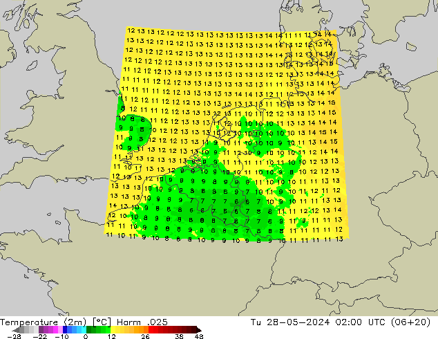 Temperatura (2m) Harm .025 mar 28.05.2024 02 UTC