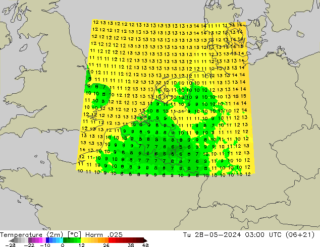 Temperature (2m) Harm .025 Tu 28.05.2024 03 UTC