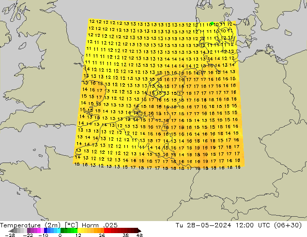 Temperatura (2m) Harm .025 mar 28.05.2024 12 UTC