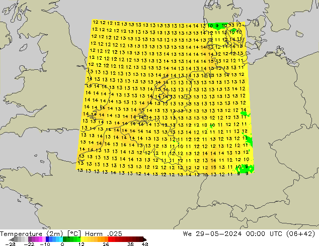 mapa temperatury (2m) Harm .025 śro. 29.05.2024 00 UTC