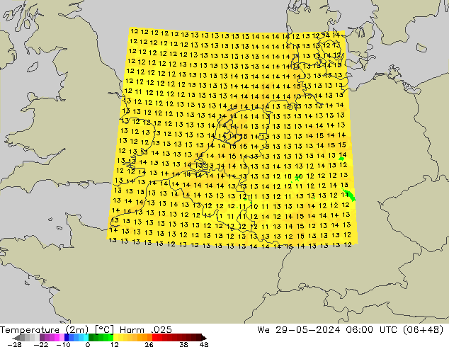 Temperatuurkaart (2m) Harm .025 wo 29.05.2024 06 UTC