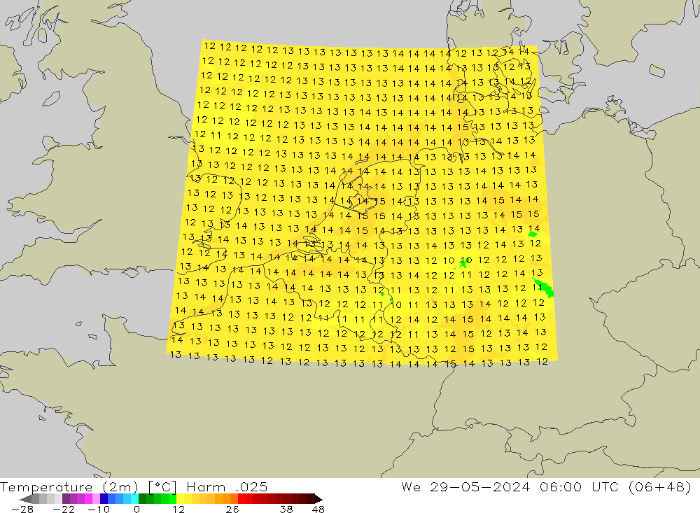 Temperatuurkaart (2m) Harm .025 wo 29.05.2024 06 UTC