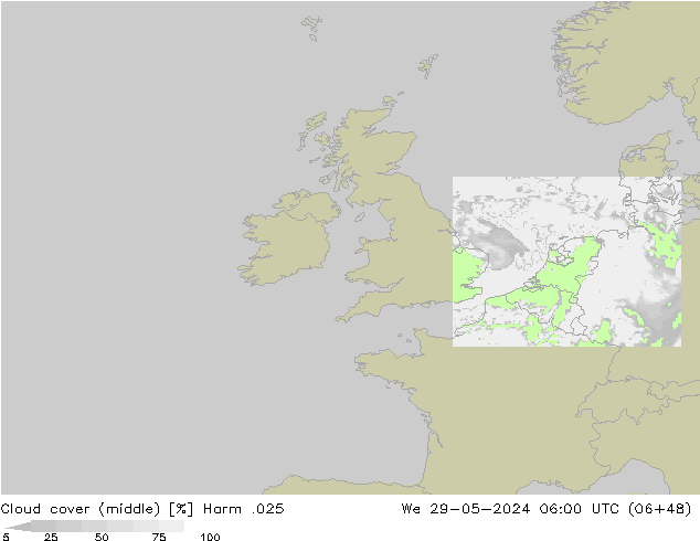 Cloud cover (middle) Harm .025 We 29.05.2024 06 UTC