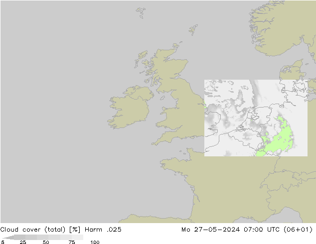 Cloud cover (total) Harm .025 Po 27.05.2024 07 UTC
