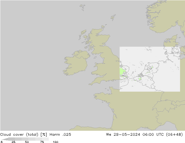 Cloud cover (total) Harm .025 St 29.05.2024 06 UTC