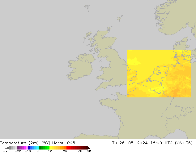 Temperatura (2m) Harm .025 mar 28.05.2024 18 UTC