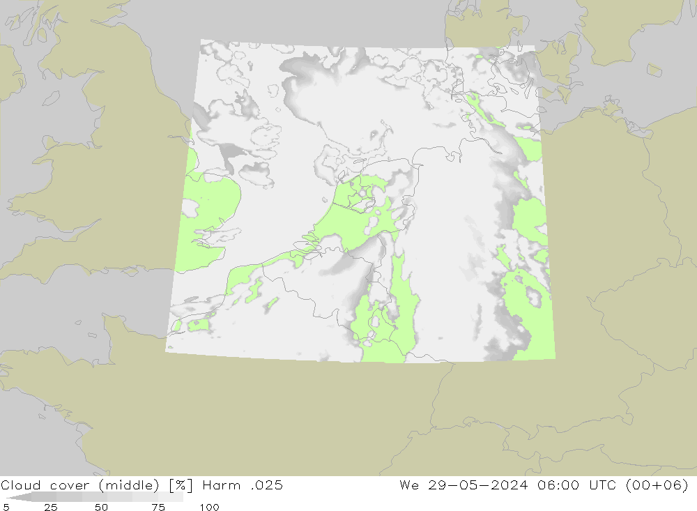 Cloud cover (middle) Harm .025 We 29.05.2024 06 UTC