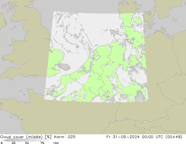 Cloud cover (middle) Harm .025 Fr 31.05.2024 00 UTC