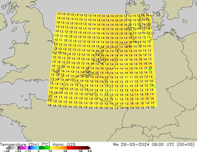 Temperaturkarte (2m) Harm .025 Mi 29.05.2024 06 UTC