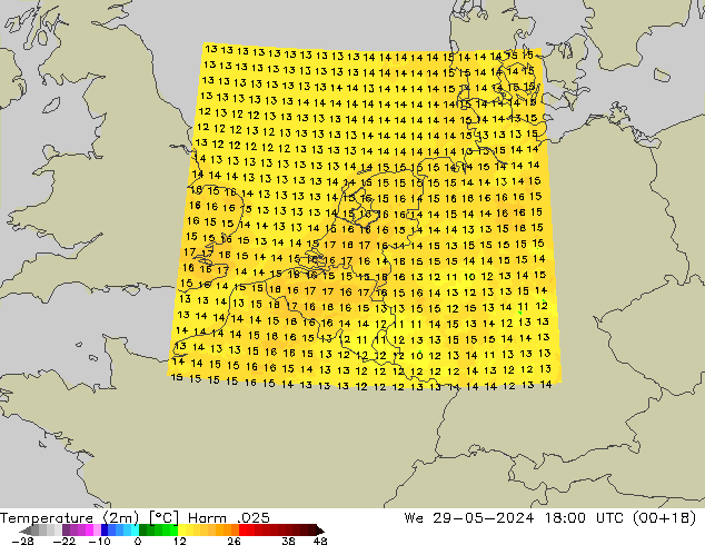 Temperature (2m) Harm .025 St 29.05.2024 18 UTC