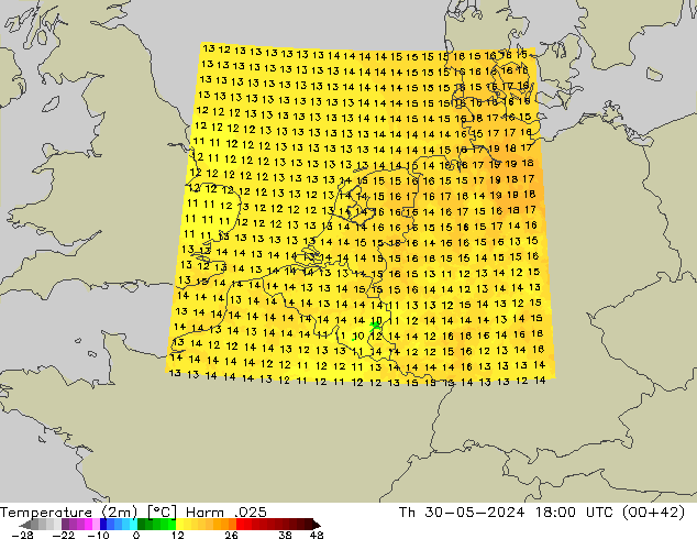 Temperatuurkaart (2m) Harm .025 do 30.05.2024 18 UTC