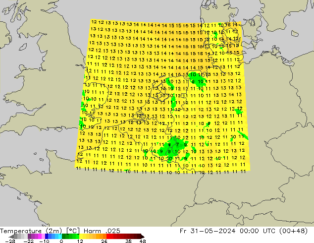 Temperatuurkaart (2m) Harm .025 vr 31.05.2024 00 UTC