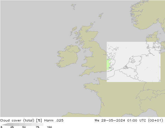 Cloud cover (total) Harm .025 We 29.05.2024 01 UTC