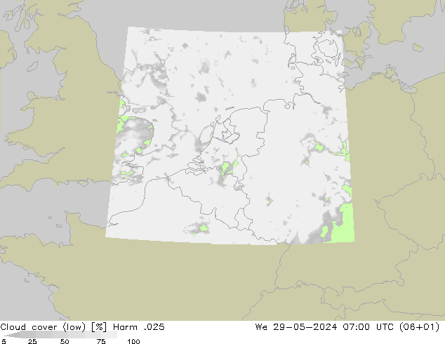 Cloud cover (low) Harm .025 We 29.05.2024 07 UTC