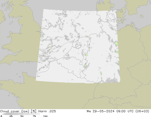 Cloud cover (low) Harm .025 We 29.05.2024 09 UTC