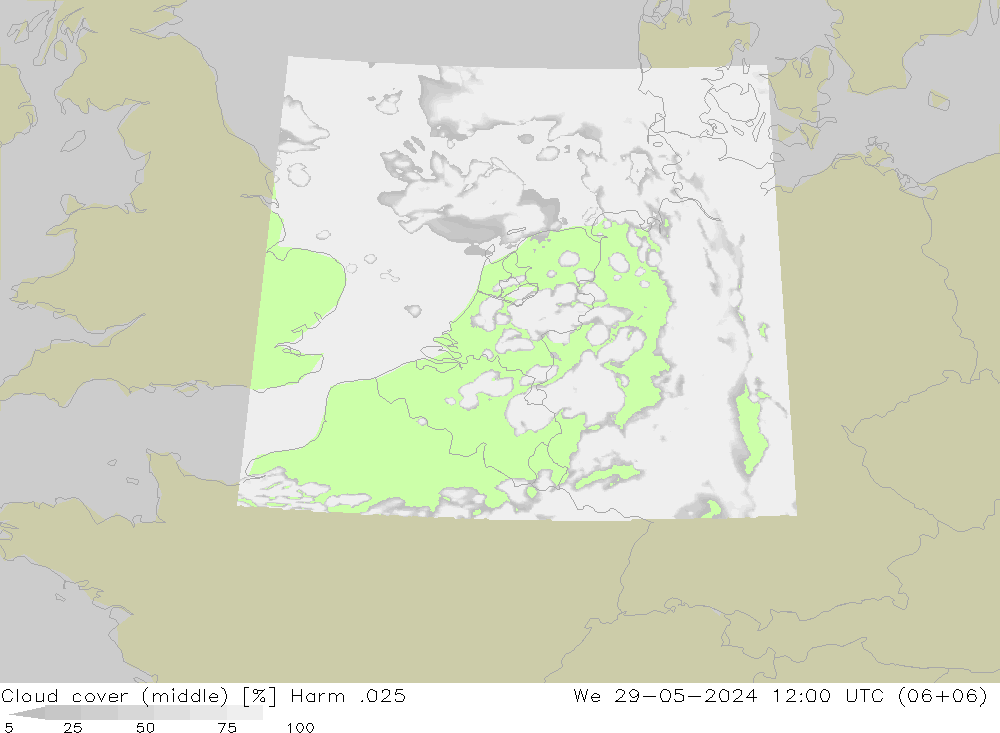 Cloud cover (middle) Harm .025 We 29.05.2024 12 UTC