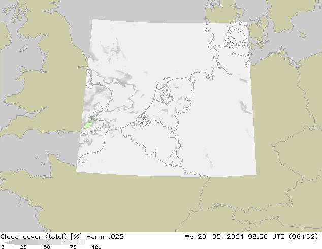 Cloud cover (total) Harm .025 We 29.05.2024 08 UTC