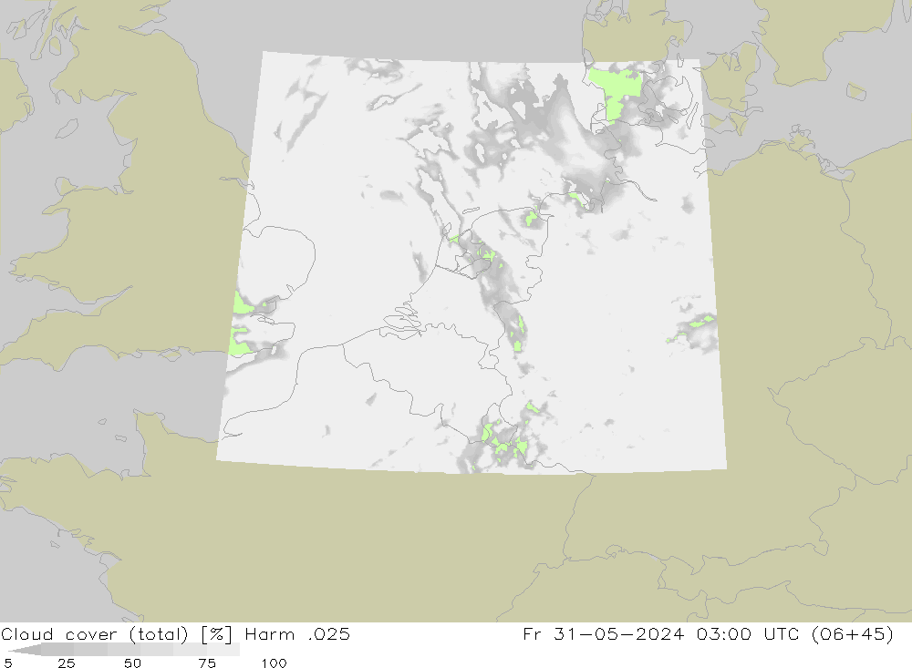 Cloud cover (total) Harm .025 Fr 31.05.2024 03 UTC