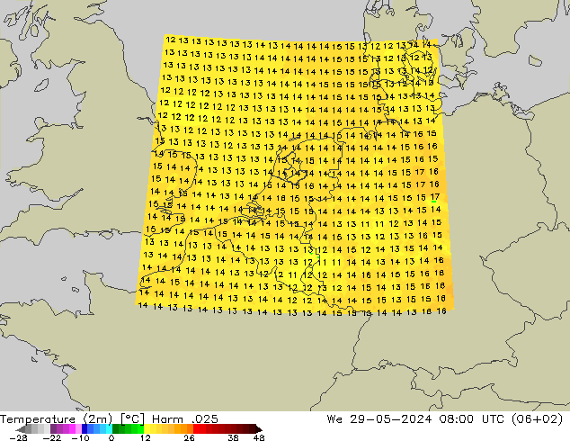 Temperatura (2m) Harm .025 mer 29.05.2024 08 UTC