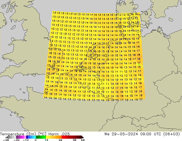mapa temperatury (2m) Harm .025 śro. 29.05.2024 09 UTC