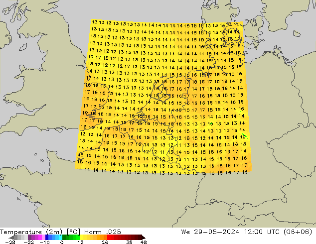 Temperatura (2m) Harm .025 mer 29.05.2024 12 UTC