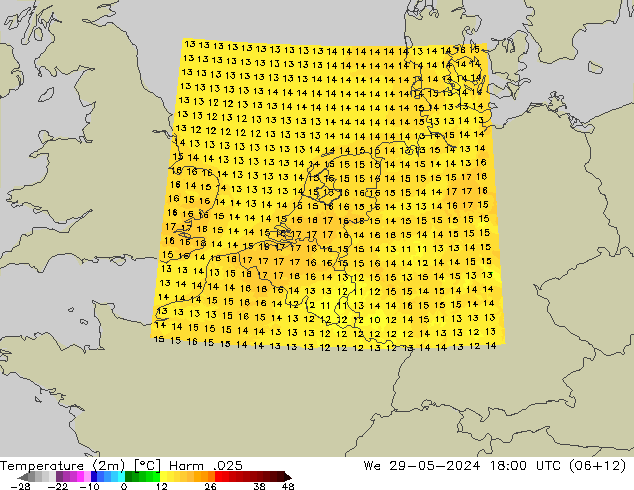 Temperatuurkaart (2m) Harm .025 wo 29.05.2024 18 UTC