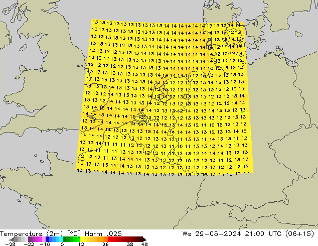 Temperatuurkaart (2m) Harm .025 wo 29.05.2024 21 UTC