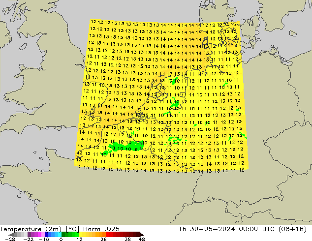 Temperaturkarte (2m) Harm .025 Do 30.05.2024 00 UTC