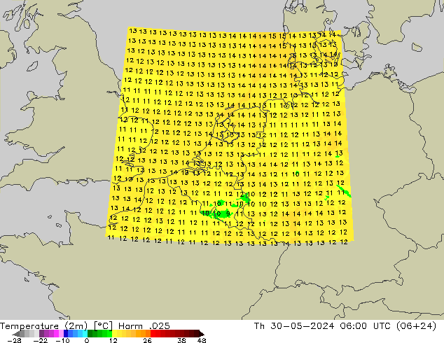 Temperatuurkaart (2m) Harm .025 do 30.05.2024 06 UTC