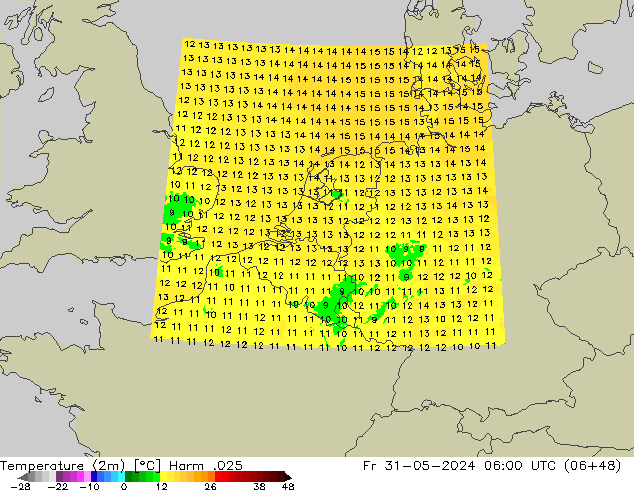 Temperatuurkaart (2m) Harm .025 vr 31.05.2024 06 UTC