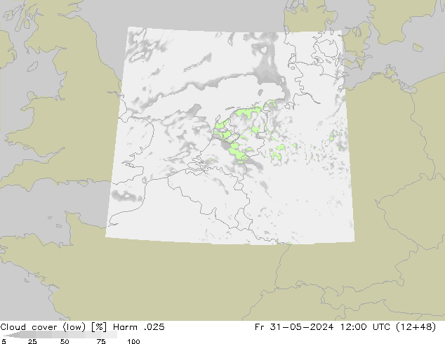 Cloud cover (low) Harm .025 Fr 31.05.2024 12 UTC