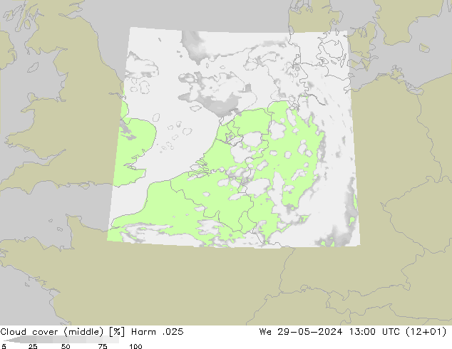 Cloud cover (middle) Harm .025 We 29.05.2024 13 UTC