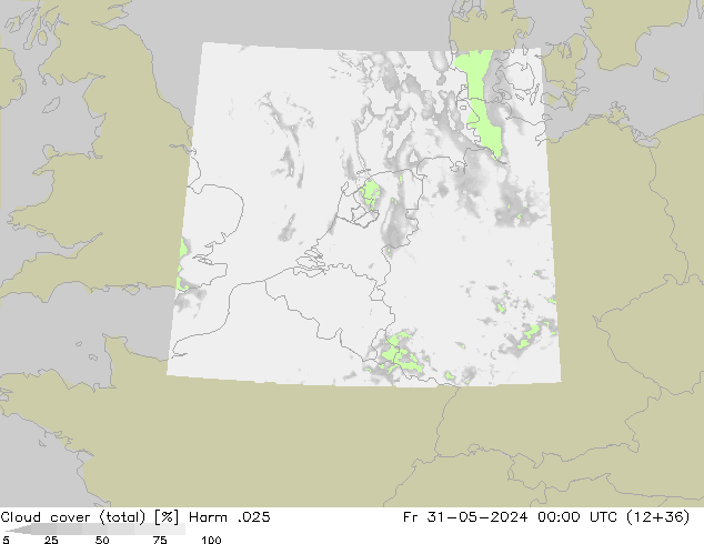 Cloud cover (total) Harm .025 Fr 31.05.2024 00 UTC