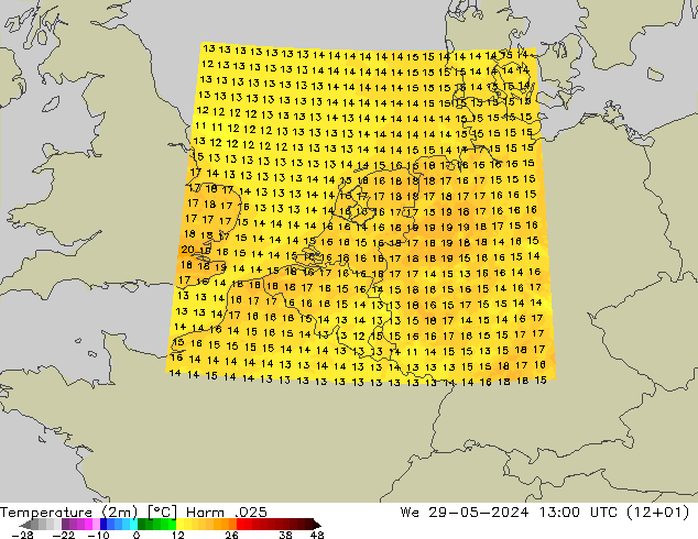 Temperature (2m) Harm .025 We 29.05.2024 13 UTC