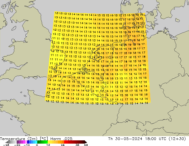 mapa temperatury (2m) Harm .025 czw. 30.05.2024 18 UTC