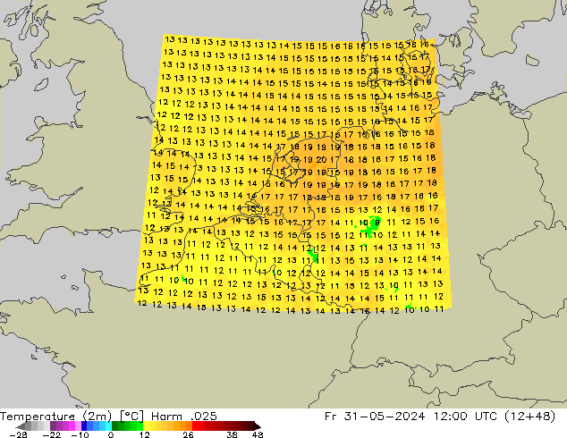 Temperatuurkaart (2m) Harm .025 vr 31.05.2024 12 UTC