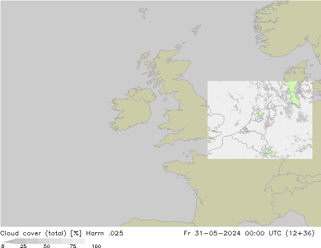 Cloud cover (total) Harm .025 Fr 31.05.2024 00 UTC