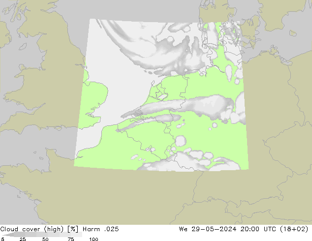 Cloud cover (high) Harm .025 We 29.05.2024 20 UTC